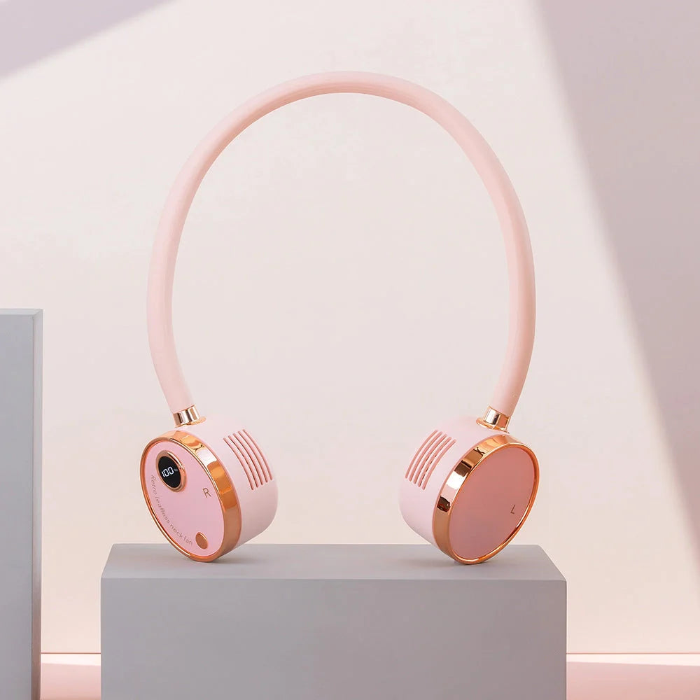 USB Portable Digital Display Large-capacity Battery Hanging Neck-fan in white, pink, and blue