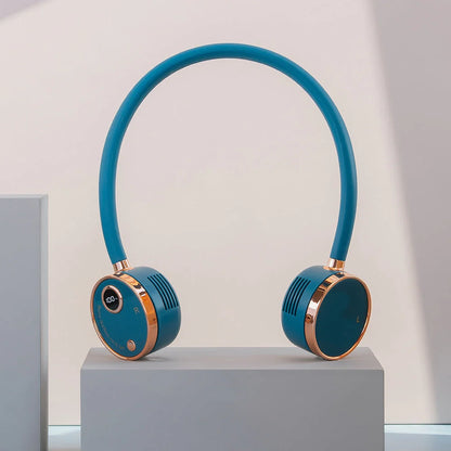 USB Portable Digital Display Large-capacity Battery Hanging Neck-fan in white, pink, and blue