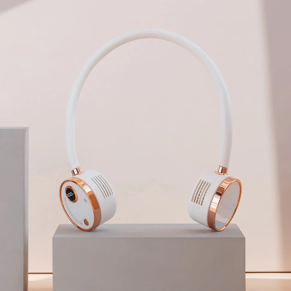 USB Portable Digital Display Large-capacity Battery Hanging Neck-fan in white, pink, and blue