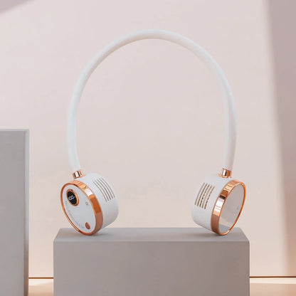 USB Portable Digital Display Large-capacity Battery Hanging Neck-fan in white, pink, and blue