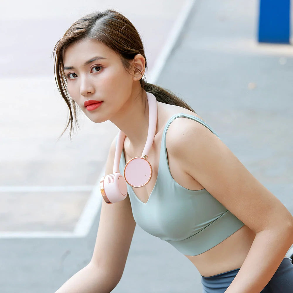 USB Portable Digital Display Large-capacity Battery Hanging Neck-fan in white, pink, and blue