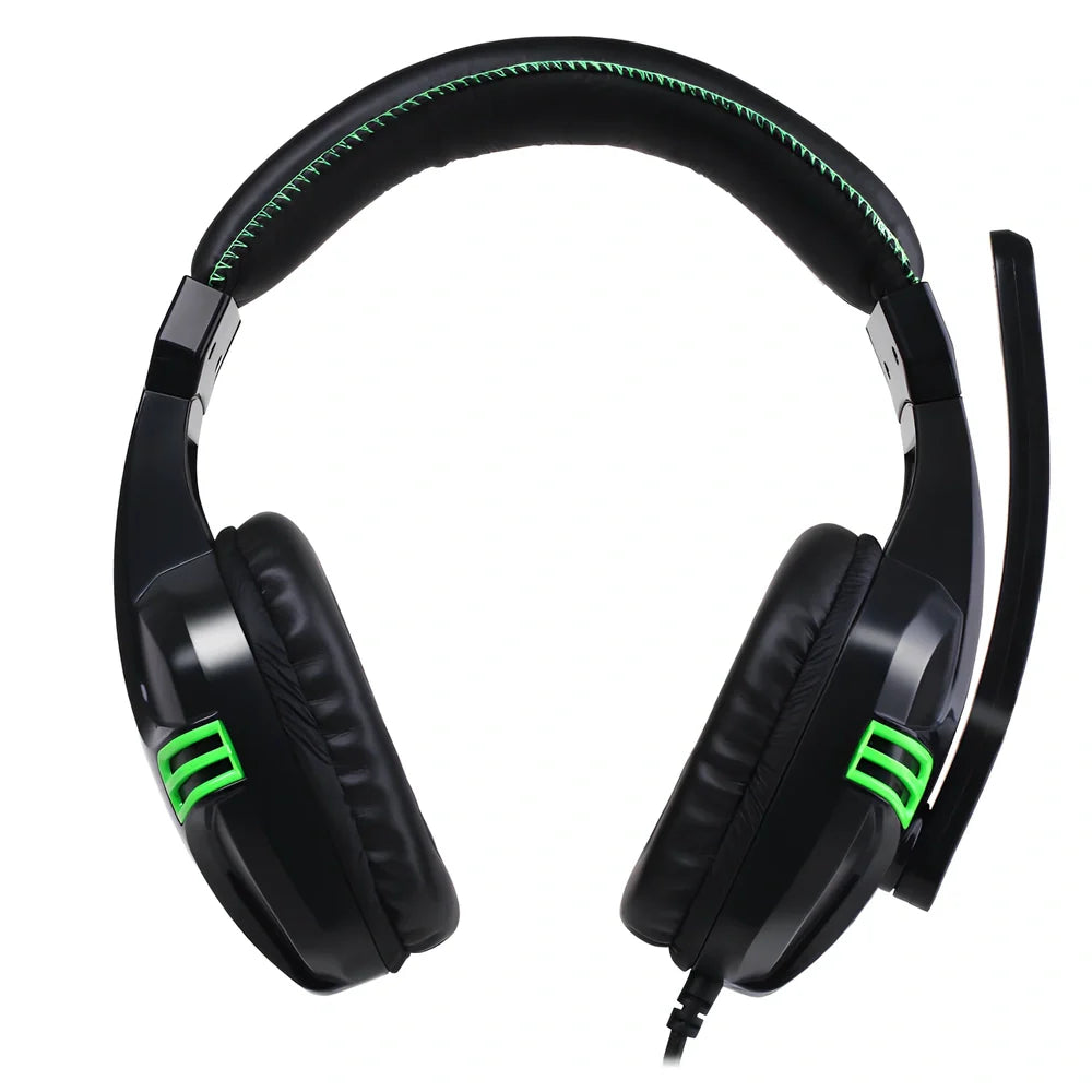 Black wired gaming headset with microphone, 3.5mm plug, head-mounted design, 394g weight for PC use