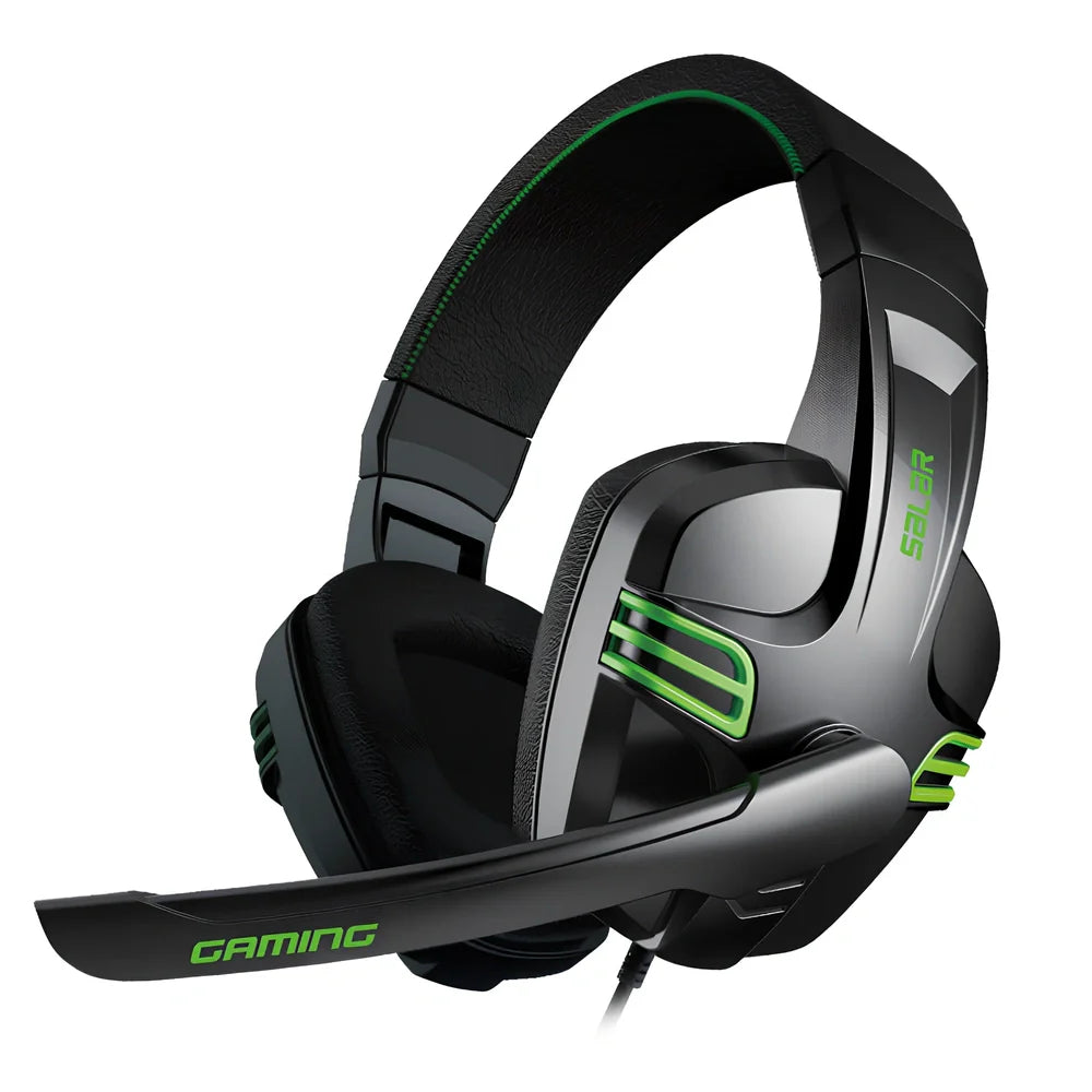 Black wired gaming headset with microphone, 3.5mm plug, head-mounted design, 394g weight for PC use