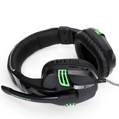 Black wired gaming headset with microphone, 3.5mm plug, head-mounted design, 394g weight for PC use