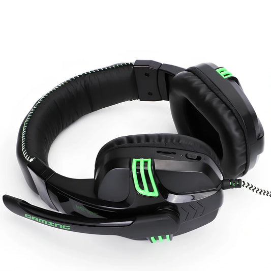 Black wired gaming headset with microphone, 3.5mm plug, head-mounted design, 394g weight for PC use