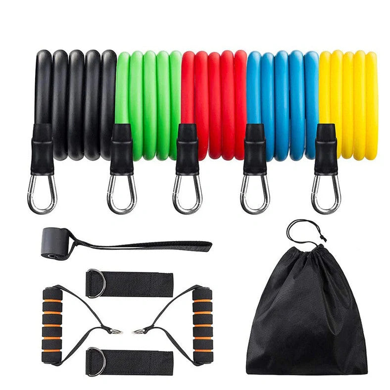 11-piece pull rope set showing five colour-coded resistance levels with TPE construction and 1.2-metre length