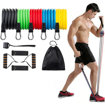 11-piece pull rope set showing five colour-coded resistance levels with TPE construction and 1.2-metre length