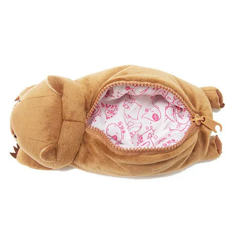 Cartoon wombat family design on a soft plush pencil case for children's stationery.