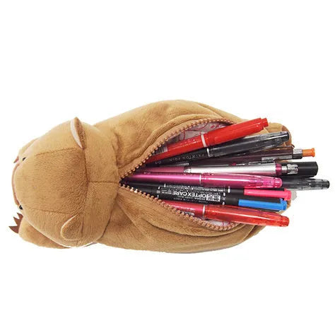 Cartoon wombat family design on a soft plush pencil case for children's stationery.