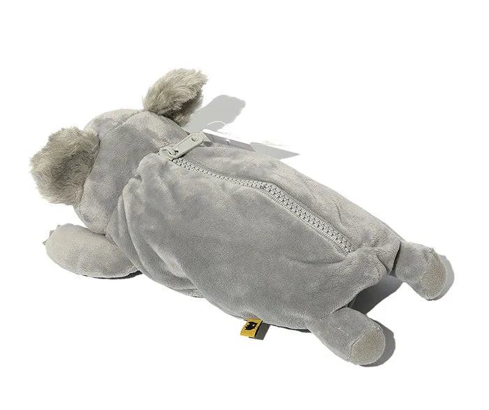 Cartoon wombat family design on a soft plush pencil case for children's stationery.