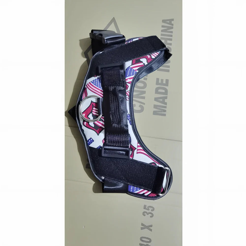 Adjustable nylon dog harness in US Style 1, reflective neck strip, sizes XS-XXL with stainless steel ring for secure walks