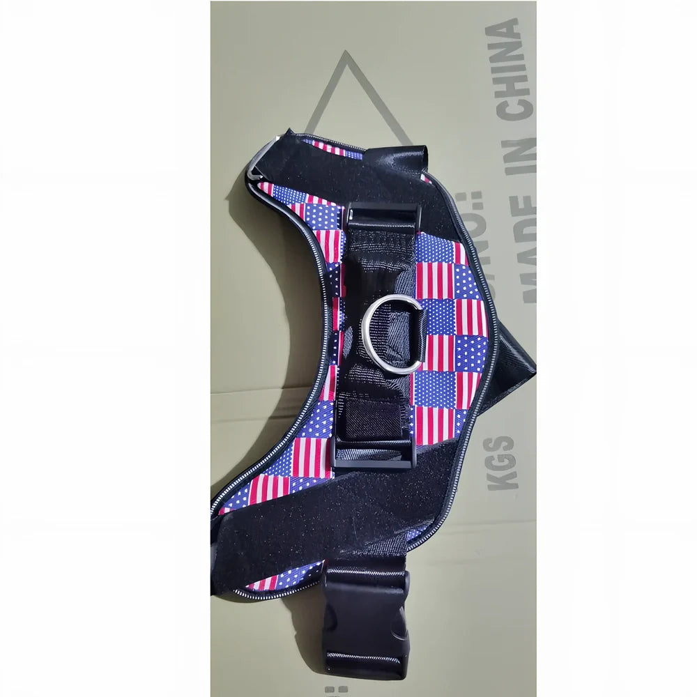 Adjustable nylon dog harness in US Style 1, reflective neck strip, sizes XS-XXL with stainless steel ring for secure walks