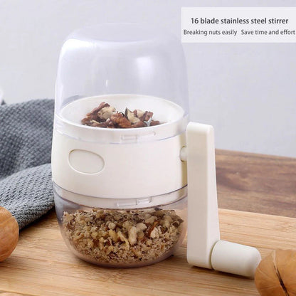 Manual nut grinder with stainless steel blades for chopping nuts and spices
