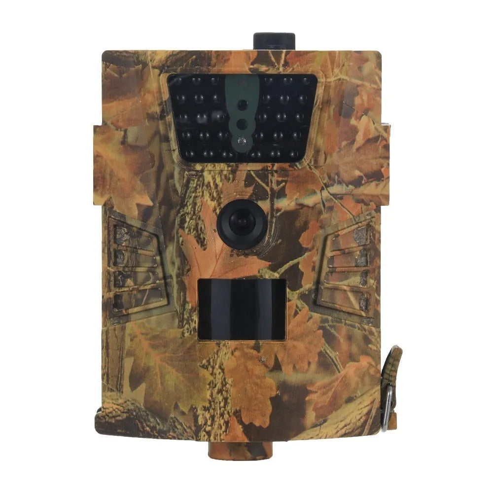 Orchard surveillance anti-theft camera showing dimensions, IR LEDs, and belt mount for farm security