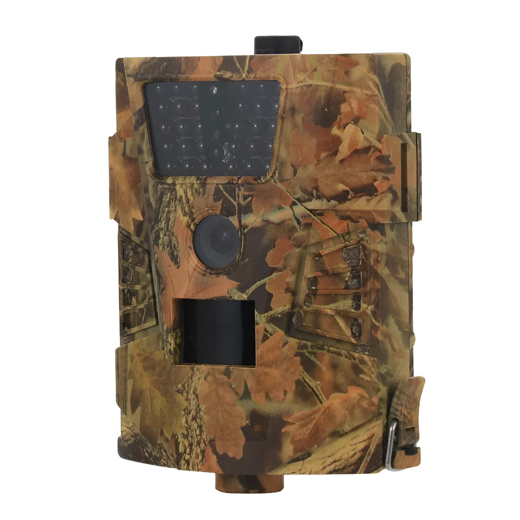 Orchard surveillance anti-theft camera showing dimensions, IR LEDs, and belt mount for farm security