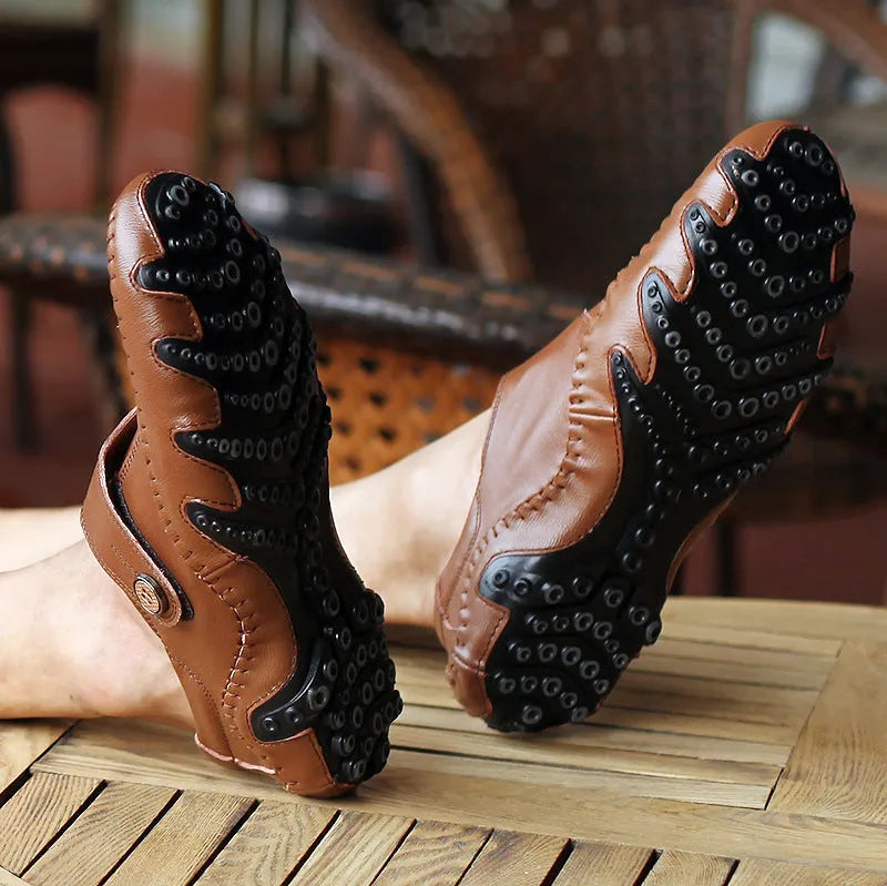 Men's brown casual lace-up leather shoes with round toe and flat heel on a plain background