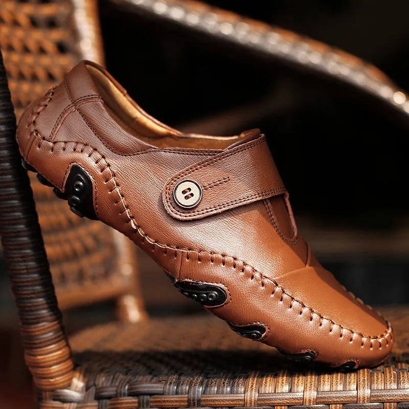 Men's brown casual lace-up leather shoes with round toe and flat heel on a plain background