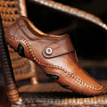 Men's brown casual lace-up leather shoes with round toe and flat heel on a plain background