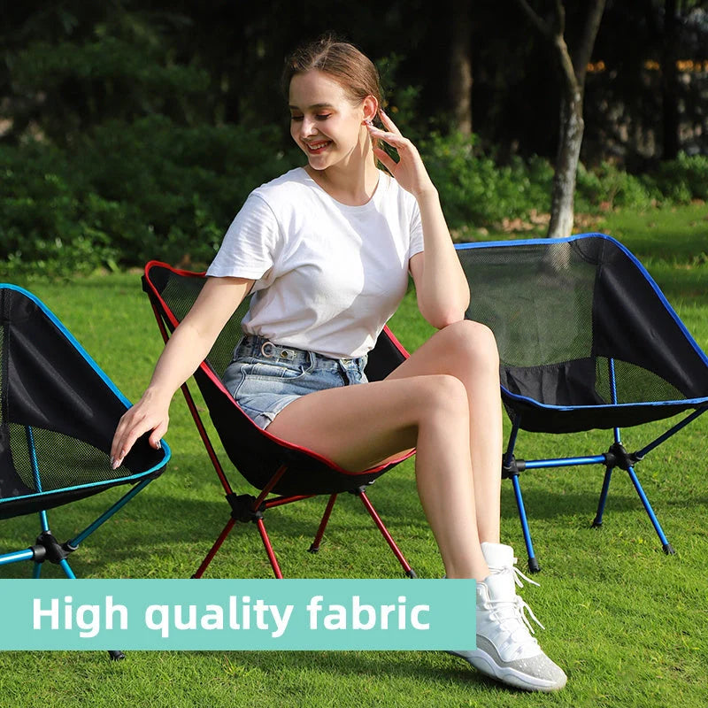 Ultralight outdoor folding camping chair in grey, blue, or red, with carry bag