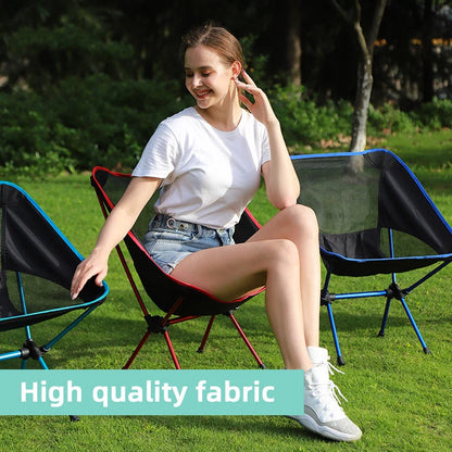 Ultralight outdoor folding camping chair in grey, blue, or red, with carry bag