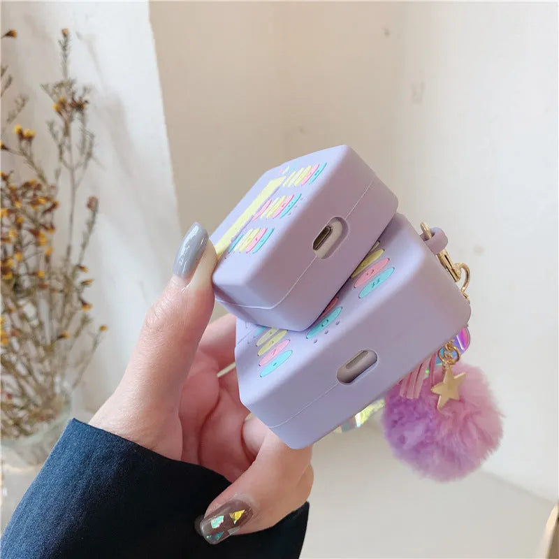 Purple silicone clamshell case for Apple AirPods Pro and AirPods 1 2 wireless earphones with fur ball pendant