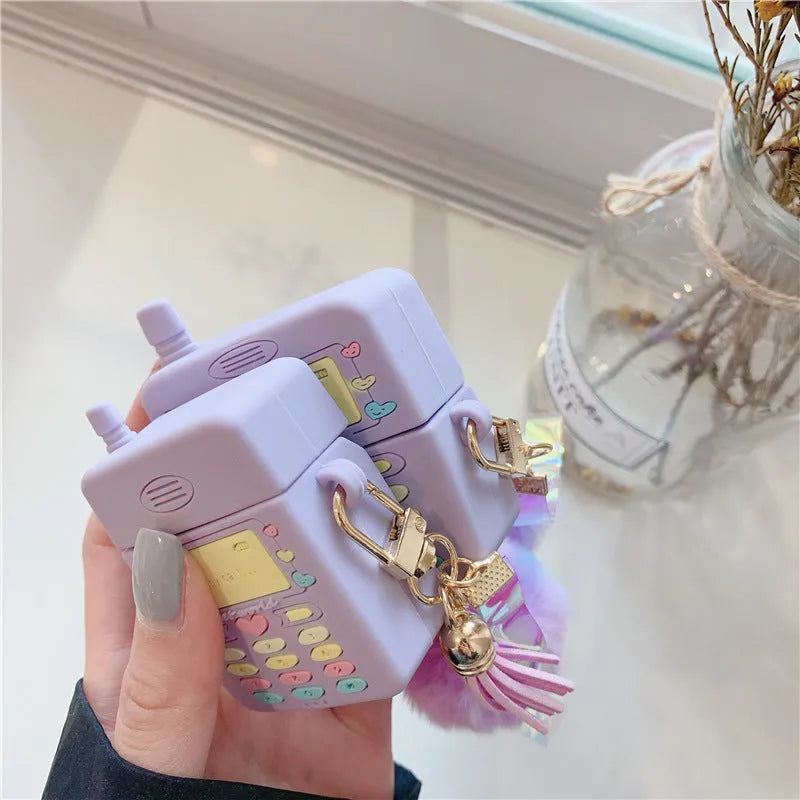 Purple silicone clamshell case for Apple AirPods Pro and AirPods 1 2 wireless earphones with fur ball pendant