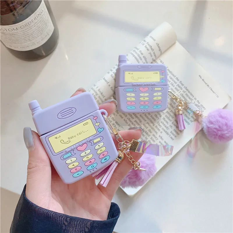 Purple silicone clamshell case for Apple AirPods Pro and AirPods 1 2 wireless earphones with fur ball pendant