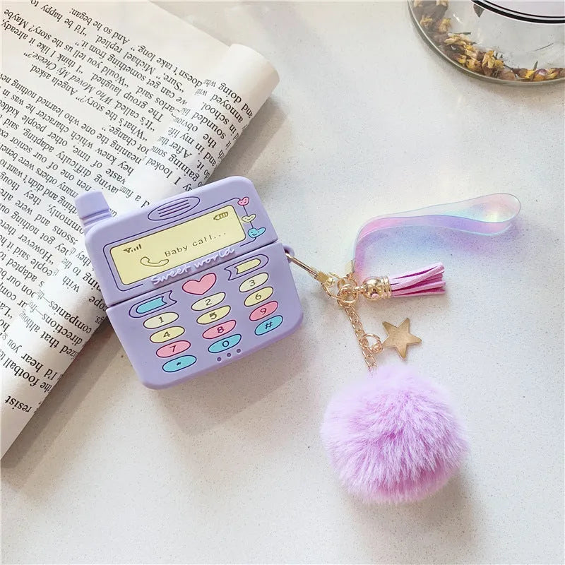 Purple silicone clamshell case for Apple AirPods Pro and AirPods 1 2 wireless earphones with fur ball pendant