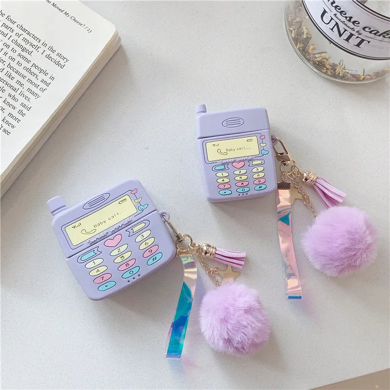 Purple silicone clamshell case for Apple AirPods Pro and AirPods 1 2 wireless earphones with fur ball pendant