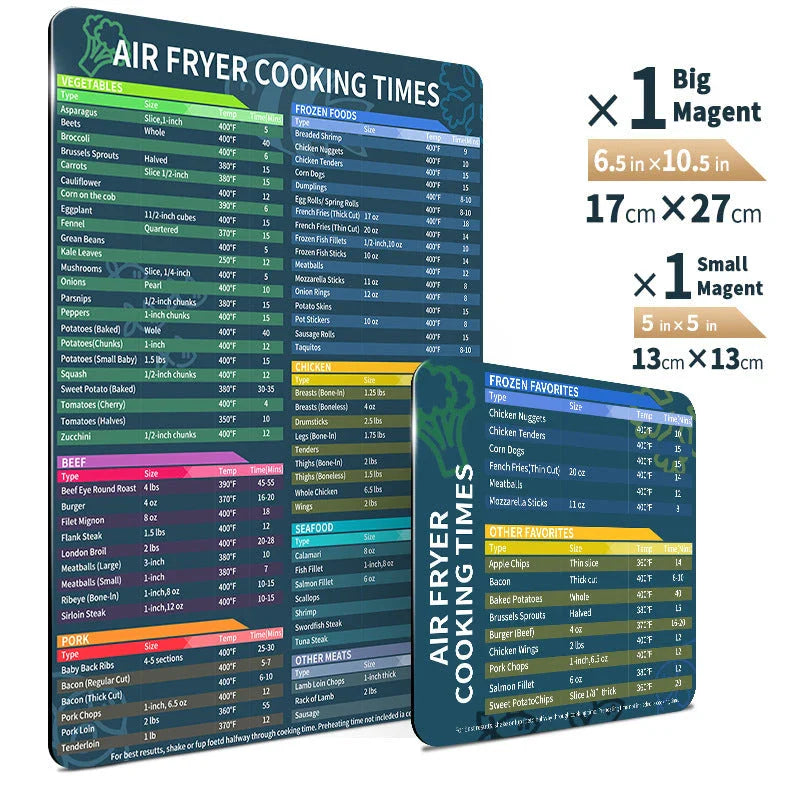 Magnetic cooking time chart set for electric and pressure cookers with sizes 17x27cm and 27x17cm