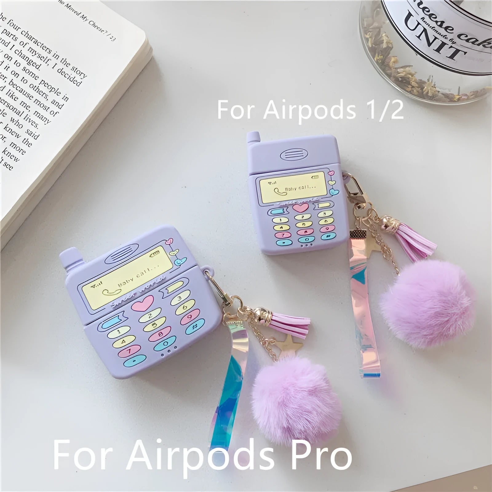 Purple silicone clamshell case for Apple AirPods Pro and AirPods 1 2 wireless earphones with fur ball pendant