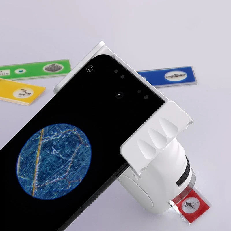 Children's portable mini microscope with mobile phone holder for real-time sharing