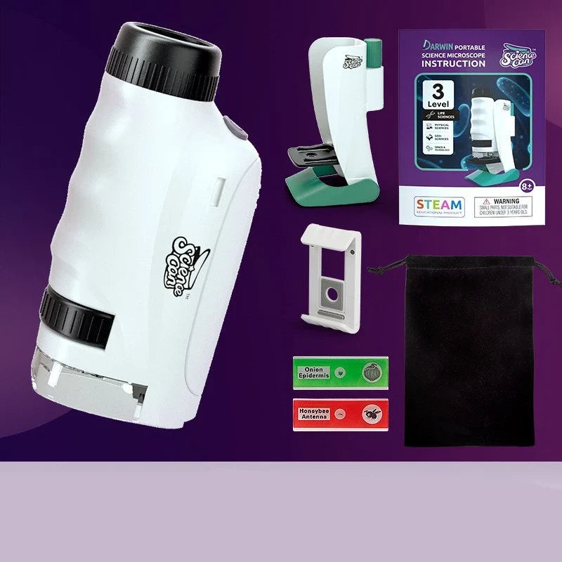 Children's portable mini microscope with mobile phone holder for real-time sharing