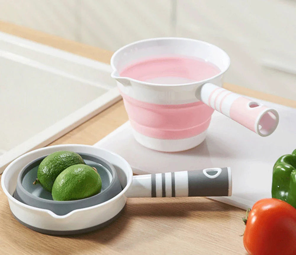 Folding portable collapsible bucket in grey and pink, perfect for outdoor and kitchen use