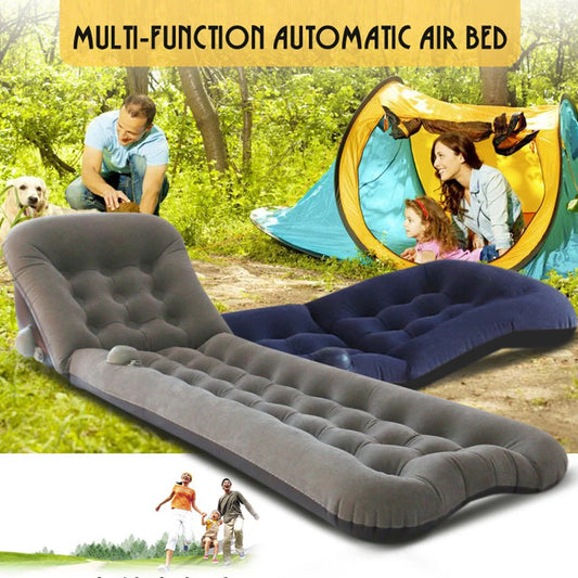 Automatic air mattress camping bed with quick inflation feature, dark blue and grey options