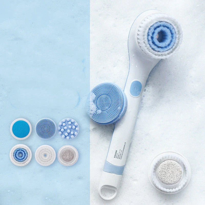 Electric bathing brush with white waterproof silicone bristles and ergonomic handle