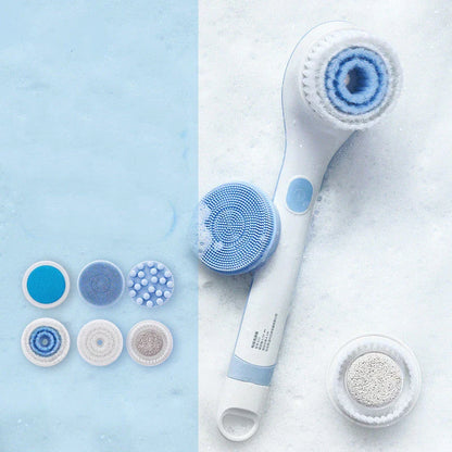 Electric bathing brush with white waterproof silicone bristles and ergonomic handle