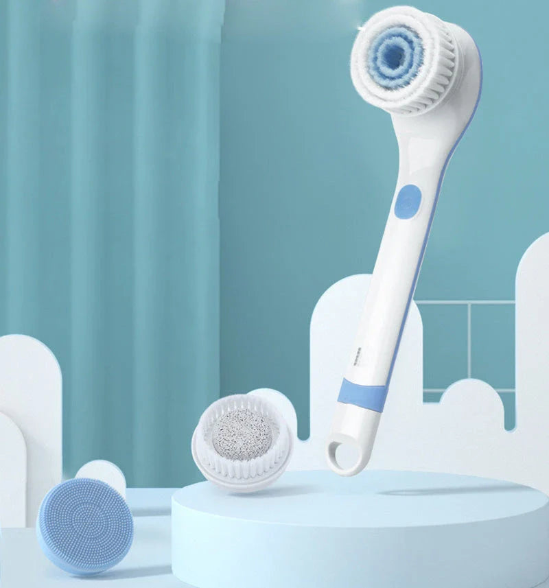 Electric bathing brush with white waterproof silicone bristles and ergonomic handle