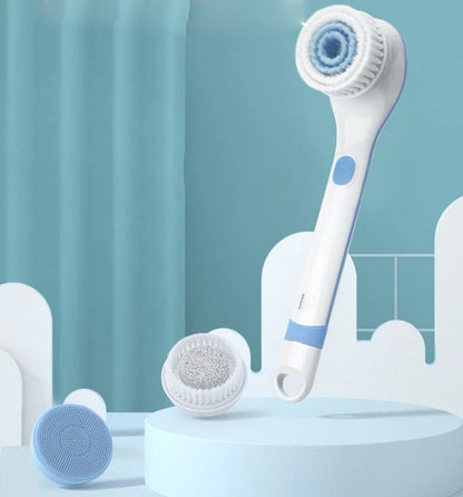 Electric bathing brush with white waterproof silicone bristles and ergonomic handle