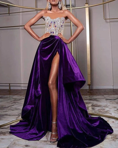 Purple sequin tube top party dress with rhinestone mosaic detailing