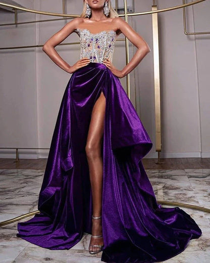 Purple sequin tube top party dress with rhinestone mosaic detailing