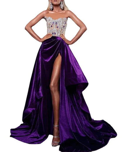 Purple sequin tube top party dress with rhinestone mosaic detailing