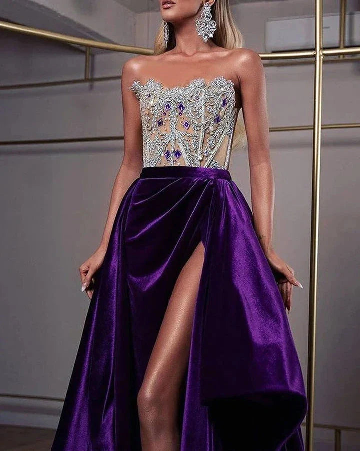 Purple sequin tube top party dress with rhinestone mosaic detailing