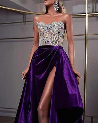 Purple sequin tube top party dress with rhinestone mosaic detailing