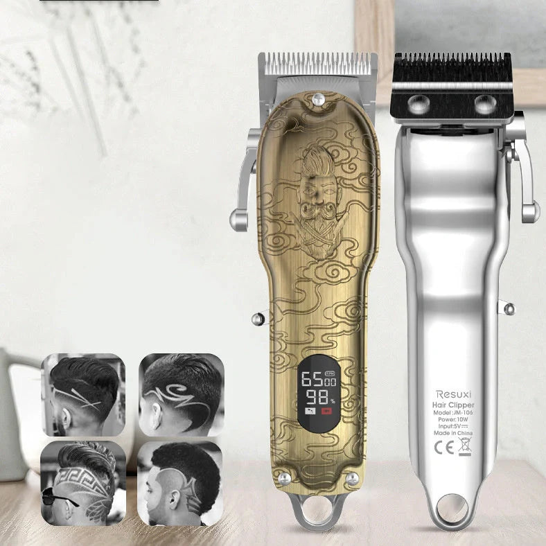Gold LCD digital hair clipper showing battery percentage display with stainless steel cutting blades