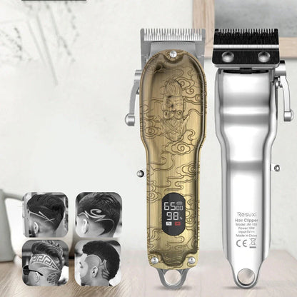 Gold LCD digital hair clipper showing battery percentage display with stainless steel cutting blades