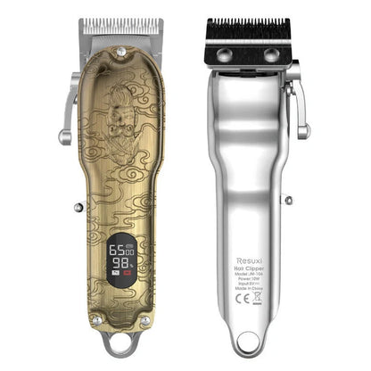 Gold LCD digital hair clipper showing battery percentage display with stainless steel cutting blades