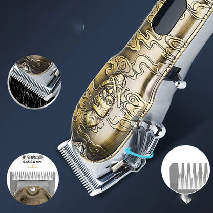 Gold LCD digital hair clipper showing battery percentage display with stainless steel cutting blades