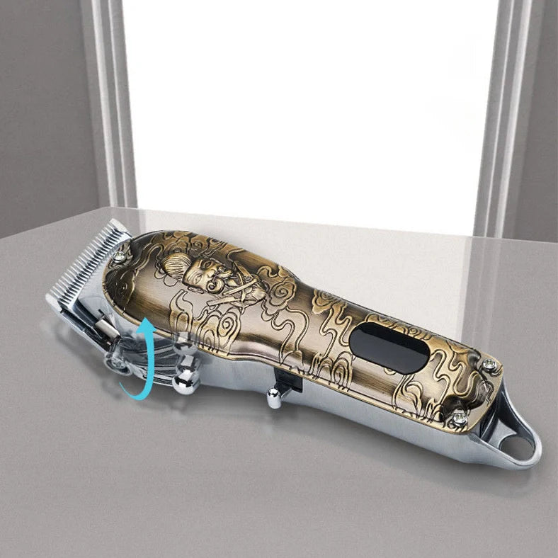 Gold LCD digital hair clipper showing battery percentage display with stainless steel cutting blades
