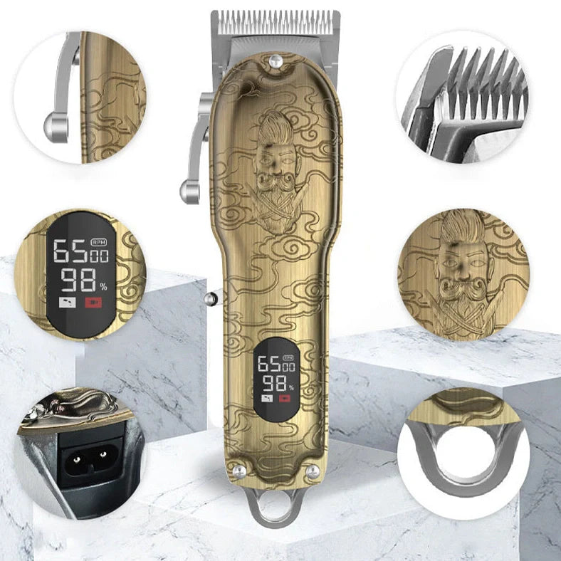 Gold LCD digital hair clipper showing battery percentage display with stainless steel cutting blades